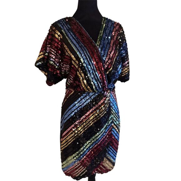 BaeVely Women's Multicolor Sequin Mini Dress V-Neck Party Size M - Picture 2 of 7